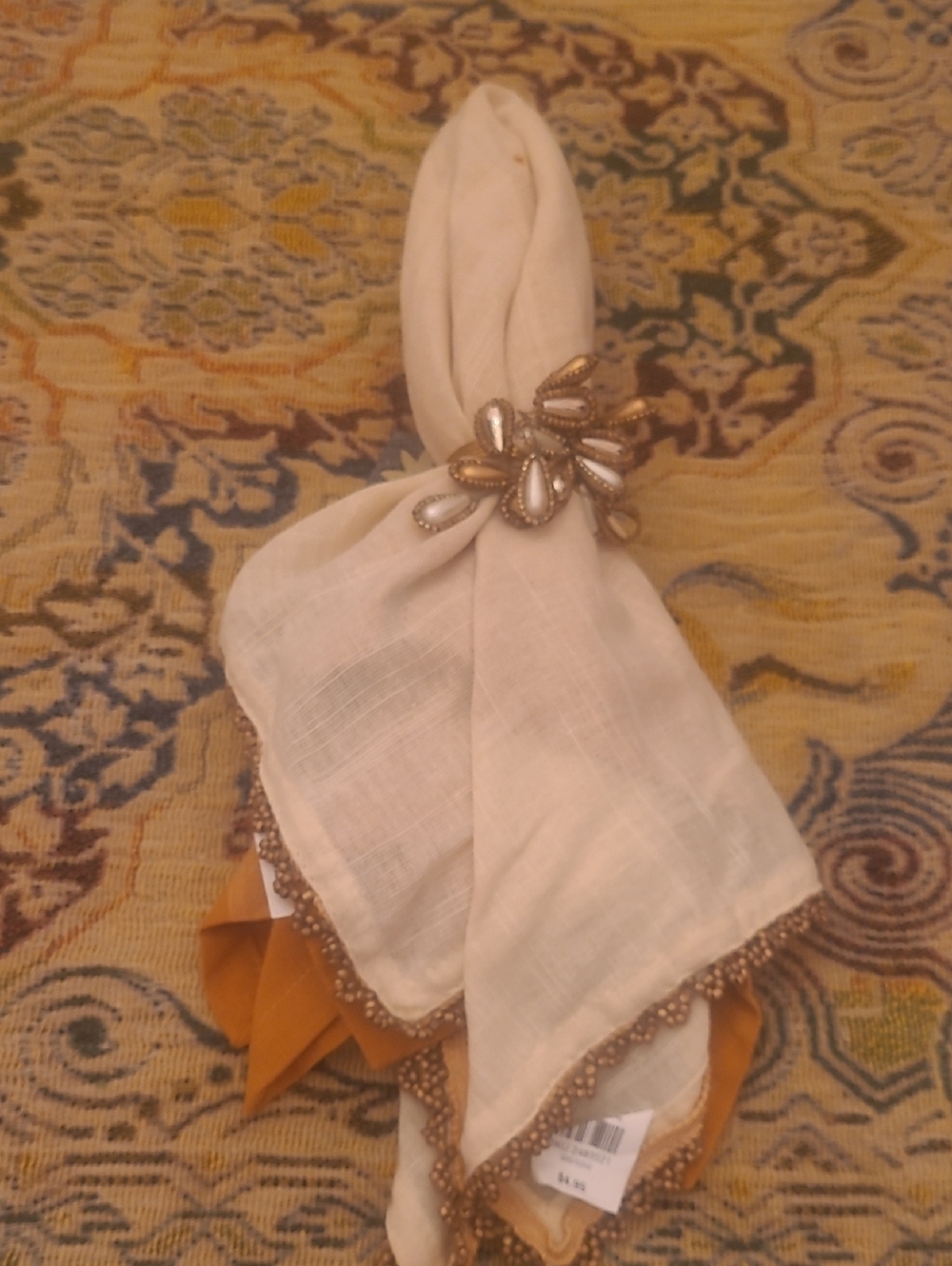 Pier 1 Cream Napkin Set with Gold Beaded Accent  2 Napkins 1 Ring In Each Set